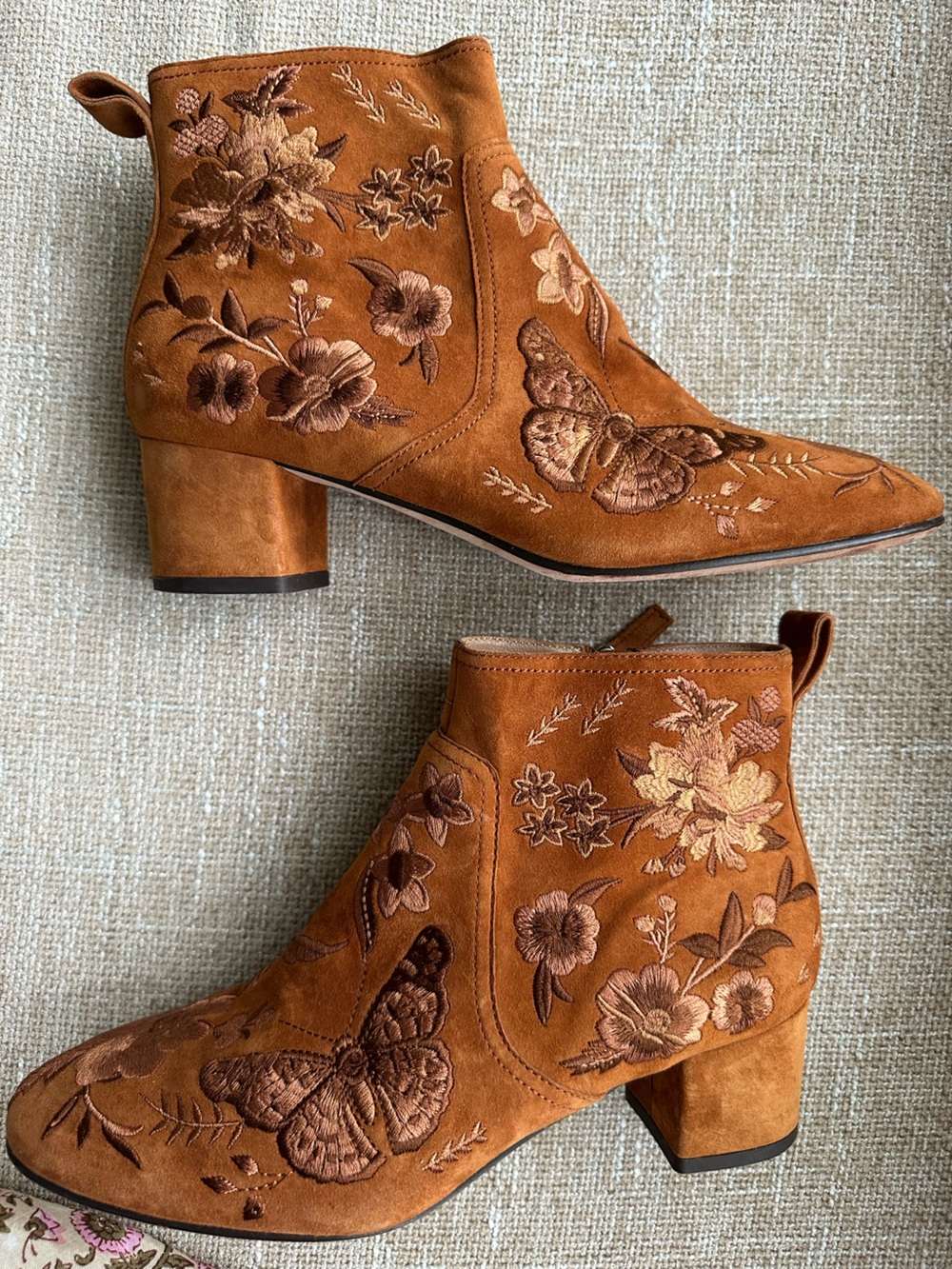 Johnny Was Tan CognacSuede Embroidered Ankle Boots with Floral & Butterfly Motif